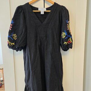 Halston Dress with embroidery detail on puff sleeves with elastic cuff cinching